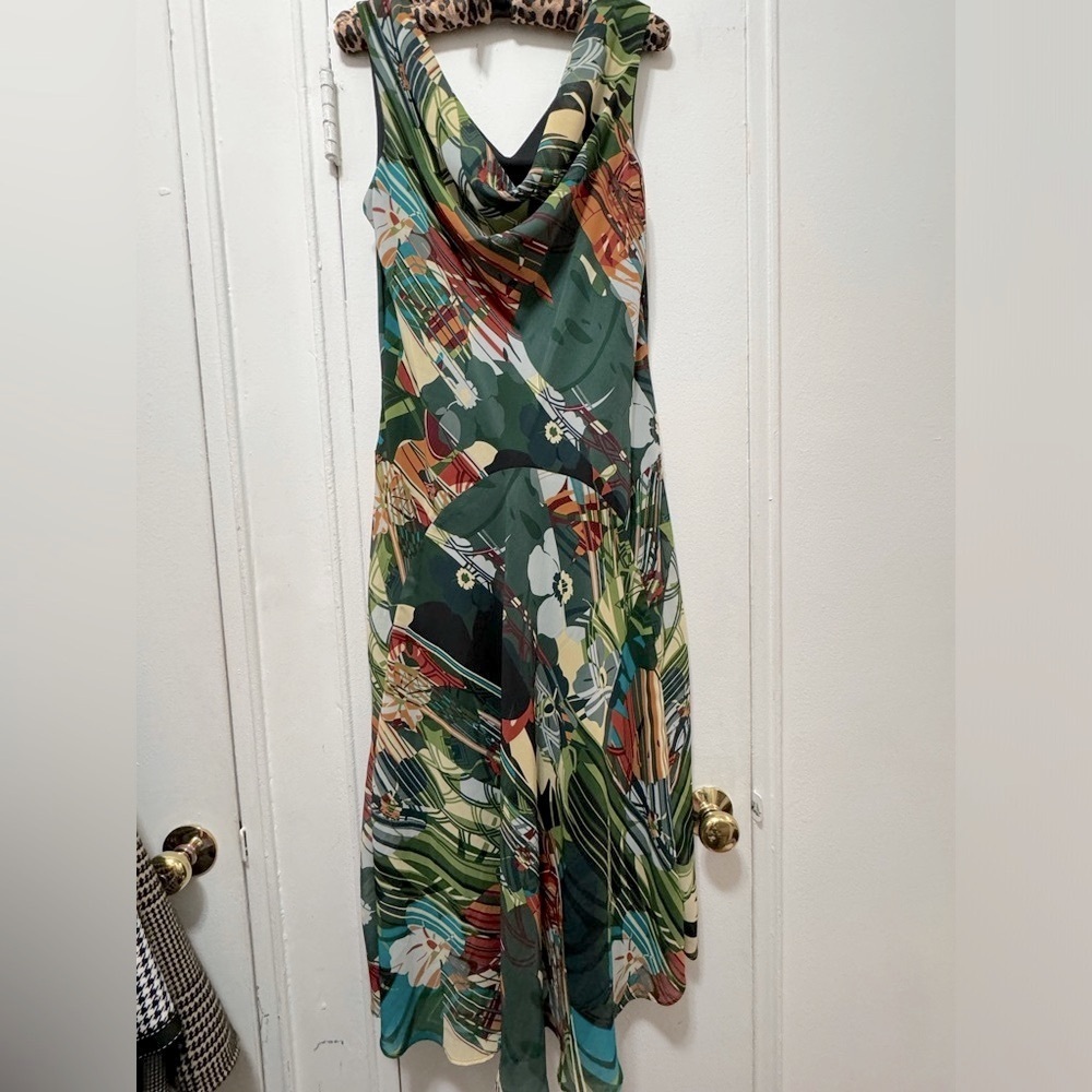 Vintage 90s Signature By Robbie Bee Green Multi Printed Chiffon Dress 12 Y2K